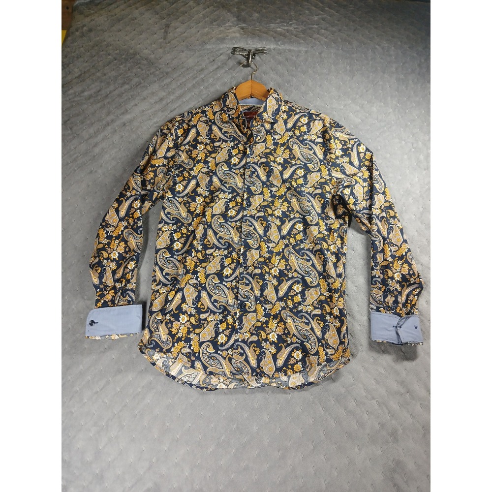 Consequence Mens Slim Fit Paisley Floral Button Down Shirt Navy Yellow Medium - Picture 2 of 8